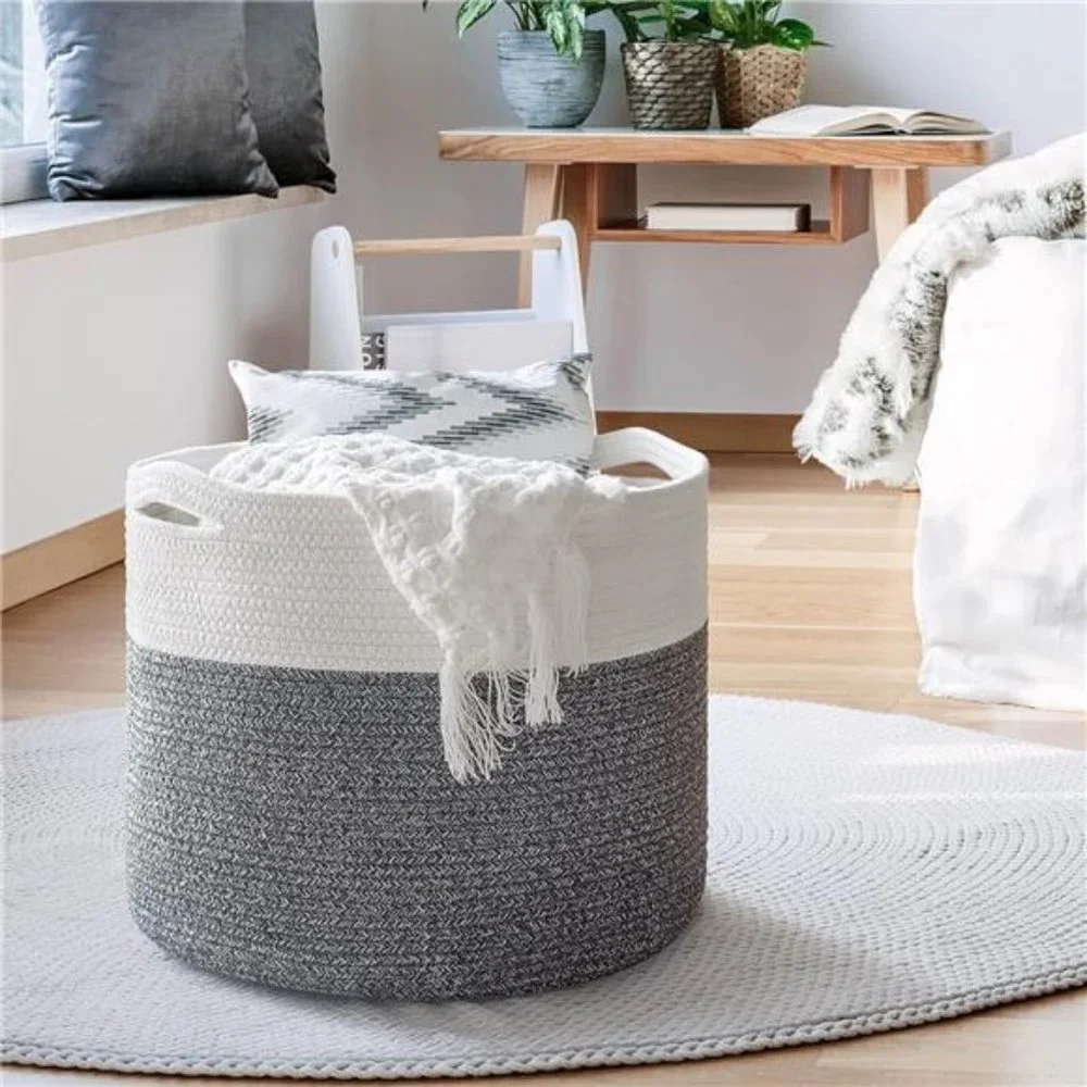 Large Cotton Rope Basket 15.8"x15.8"x13.8"Baby Laundry Woven Blanket Nursery Bin - Picture 6 of 7
